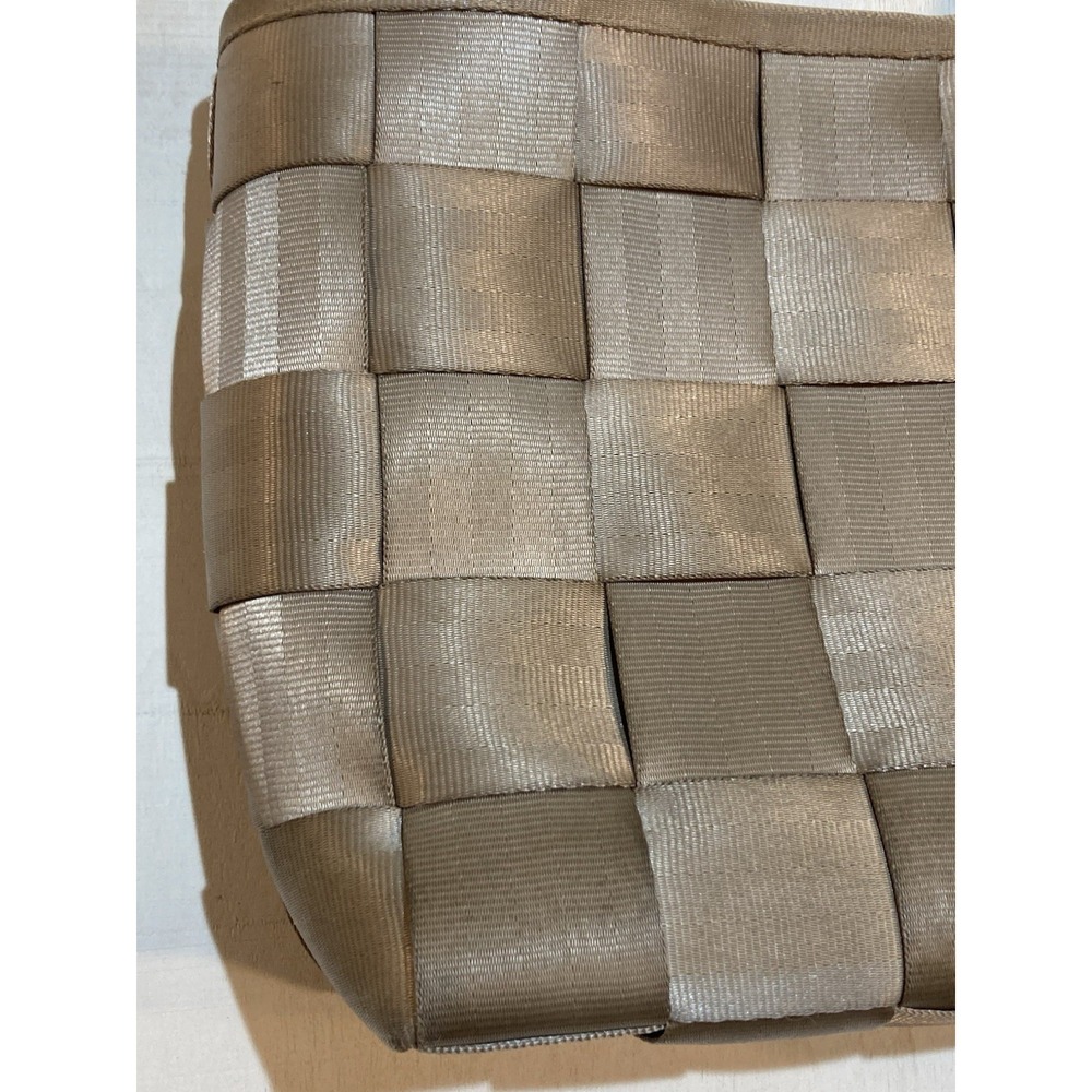 Y2K Vintage Harveys Seatbelt Bag Woven Tote Champagne Taupe Metallic Shoulder - Picture 3 of 9